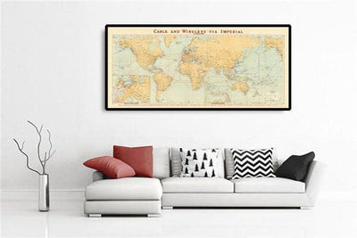 Ancien Carte du monde de câble et sans fil, 1938 - Tableau télégraphique (très tôt) Internet et sous-marin