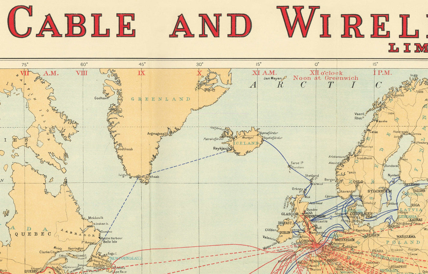 Ancien Carte du monde de câble et sans fil, 1938 - Tableau télégraphique (très tôt) Internet et sous-marin