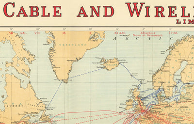 Ancien Carte du monde de câble et sans fil, 1938 - Tableau télégraphique (très tôt) Internet et sous-marin
