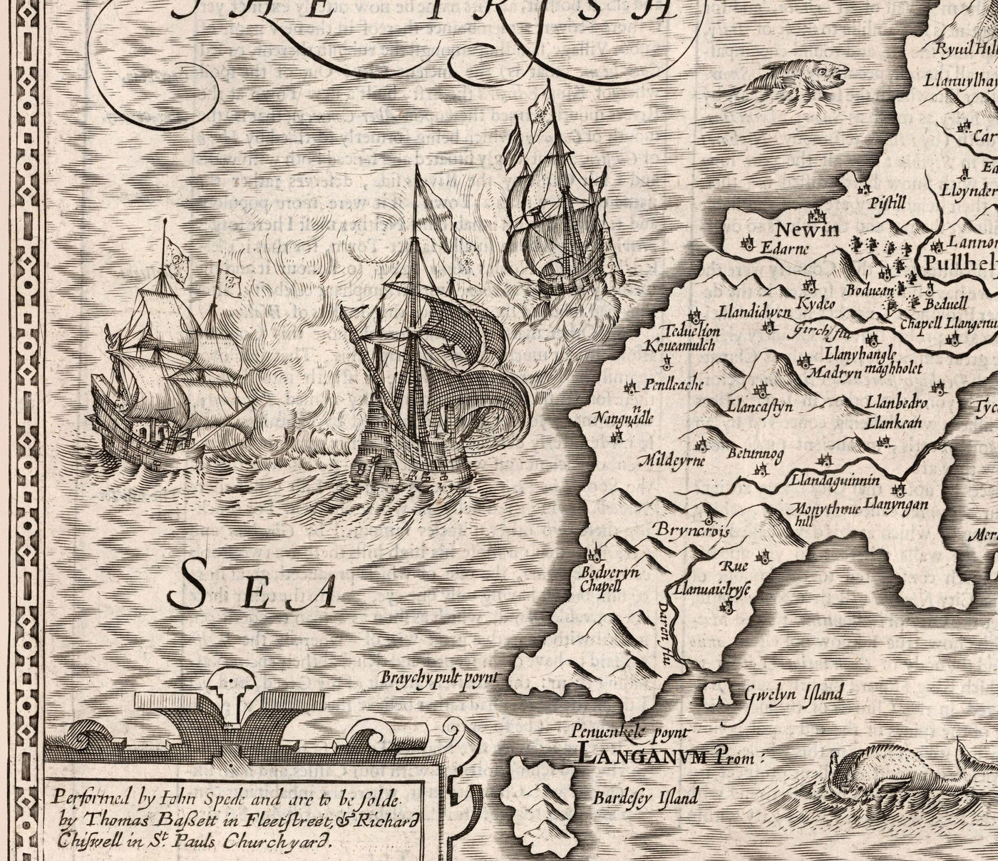 Old Monochrome Map of Caernarfonshire, Wales, 1611 by John Speed - Caernarfon, Snowdon, Gwynedd, Bangor, Conwy, Llandudno