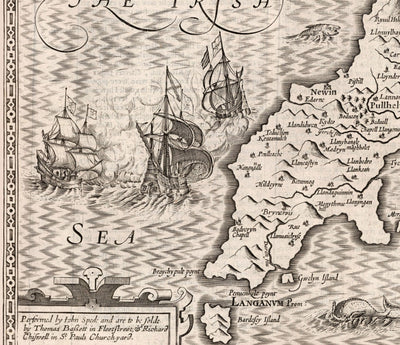 Old Monochrome Map of Caernarfonshire, Wales, 1611 by John Speed - Caernarfon, Snowdon, Gwynedd, Bangor, Conwy, Llandudno