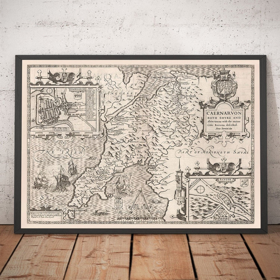 Ancienne carte monochrome de Caernarfonshire, Pays de Galles, 1611 par John Speed - Caernarfon, Snowdon, Gwynedd, Bangor, Conwy, Llandudno 