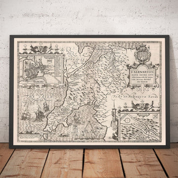 Old Monochrome Map of Caernarfonshire, Wales, 1611 by John Speed - Caernarfon, Snowdon, Gwynedd, Bangor, Conwy, Llandudno