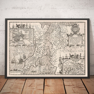Old Monochrome Map of Caernarfonshire, Wales, 1611 by John Speed - Caernarfon, Snowdon, Gwynedd, Bangor, Conwy, Llandudno