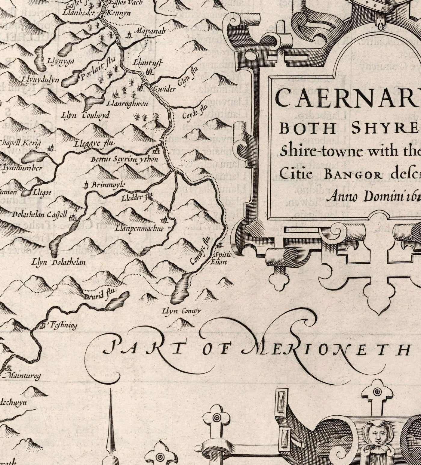Old Monochrome Map of Caernarfonshire, Wales, 1611 by John Speed - Caernarfon, Snowdon, Gwynedd, Bangor, Conwy, Llandudno