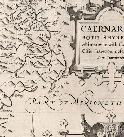 Old Monochrome Map of Caernarfonshire, Wales, 1611 by John Speed - Caernarfon, Snowdon, Gwynedd, Bangor, Conwy, Llandudno