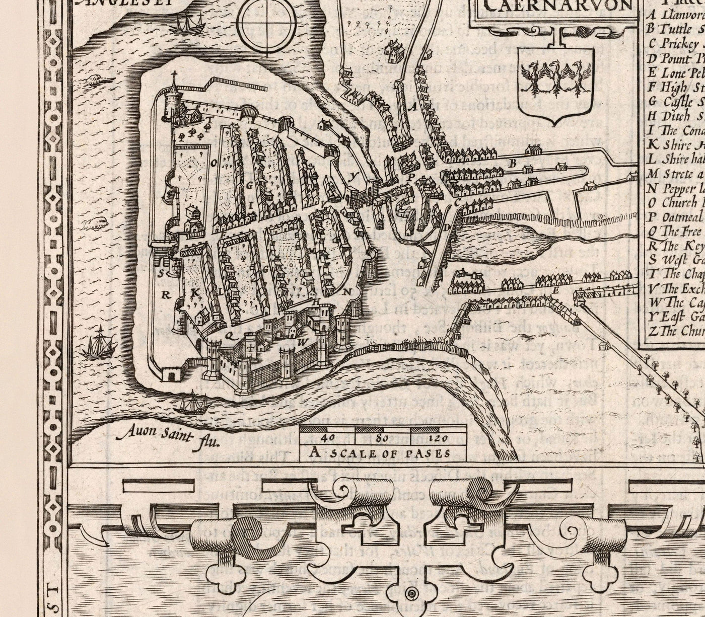 Old Monochrome Map of Caernarfonshire, Wales, 1611 by John Speed - Caernarfon, Snowdon, Gwynedd, Bangor, Conwy, Llandudno