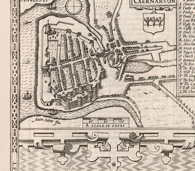 Old Monochrome Map of Caernarfonshire, Wales, 1611 by John Speed - Caernarfon, Snowdon, Gwynedd, Bangor, Conwy, Llandudno