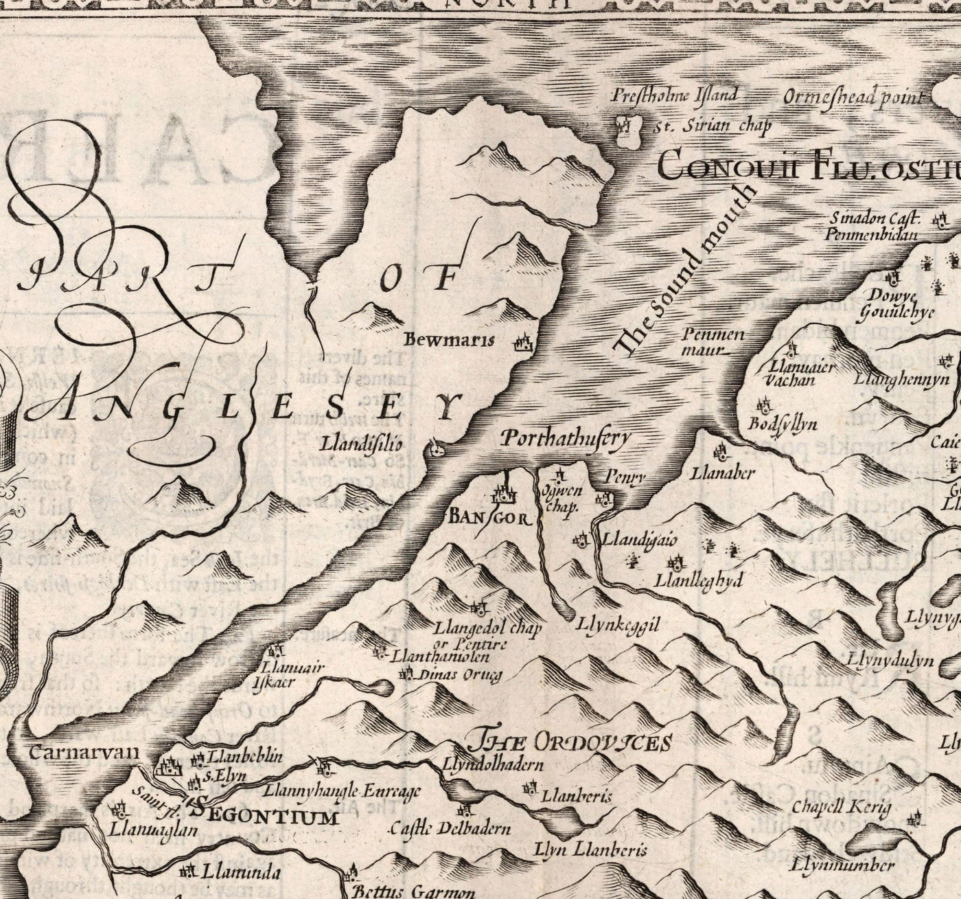 Old Monochrome Map of Caernarfonshire, Wales, 1611 by John Speed - Caernarfon, Snowdon, Gwynedd, Bangor, Conwy, Llandudno