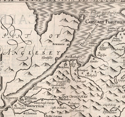 Old Monochrome Map of Caernarfonshire, Wales, 1611 by John Speed - Caernarfon, Snowdon, Gwynedd, Bangor, Conwy, Llandudno