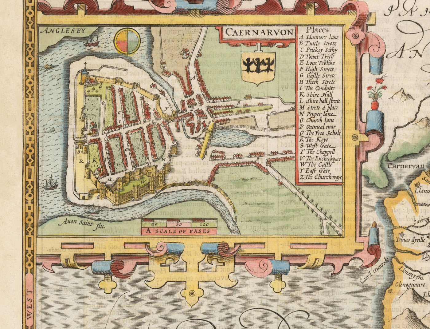 Ancienne carte du Pays de Galles Caernarfonshire, 1611 par John Speed - Caernarfon, Snowdon, Gwynedd, Bangor, Conwy, Llandudno