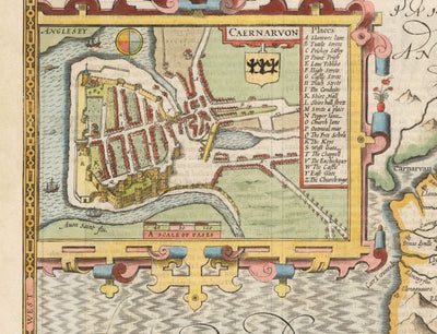 Ancienne carte du Pays de Galles Caernarfonshire, 1611 par John Speed - Caernarfon, Snowdon, Gwynedd, Bangor, Conwy, Llandudno