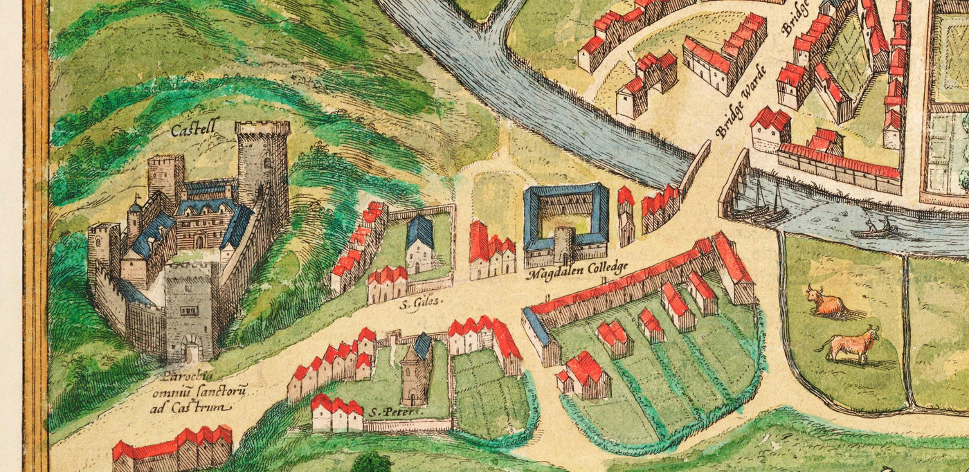 Alte Farbkarte von Cambridge und den Universitätskollegs, 1575 von Georg Braun - Trinity, Kings, Queens, Clare, Peterhouse, Christ's, Caius 