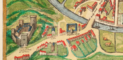 Alte Farbkarte von Cambridge und den Universitätskollegs, 1575 von Georg Braun - Trinity, Kings, Queens, Clare, Peterhouse, Christ's, Caius 