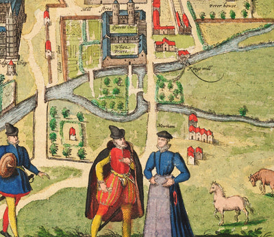 Alte Farbkarte von Cambridge und den Universitätskollegs, 1575 von Georg Braun - Trinity, Kings, Queens, Clare, Peterhouse, Christ's, Caius 