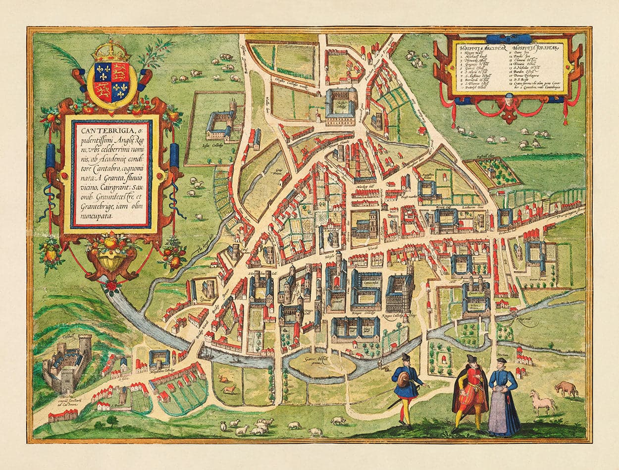 Alte Farbkarte von Cambridge und den Universitätskollegs, 1575 von Georg Braun - Trinity, Kings, Queens, Clare, Peterhouse, Christ's, Caius 