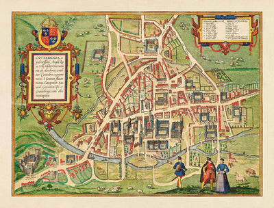 Alte Farbkarte von Cambridge und den Universitätskollegs, 1575 von Georg Braun - Trinity, Kings, Queens, Clare, Peterhouse, Christ's, Caius 