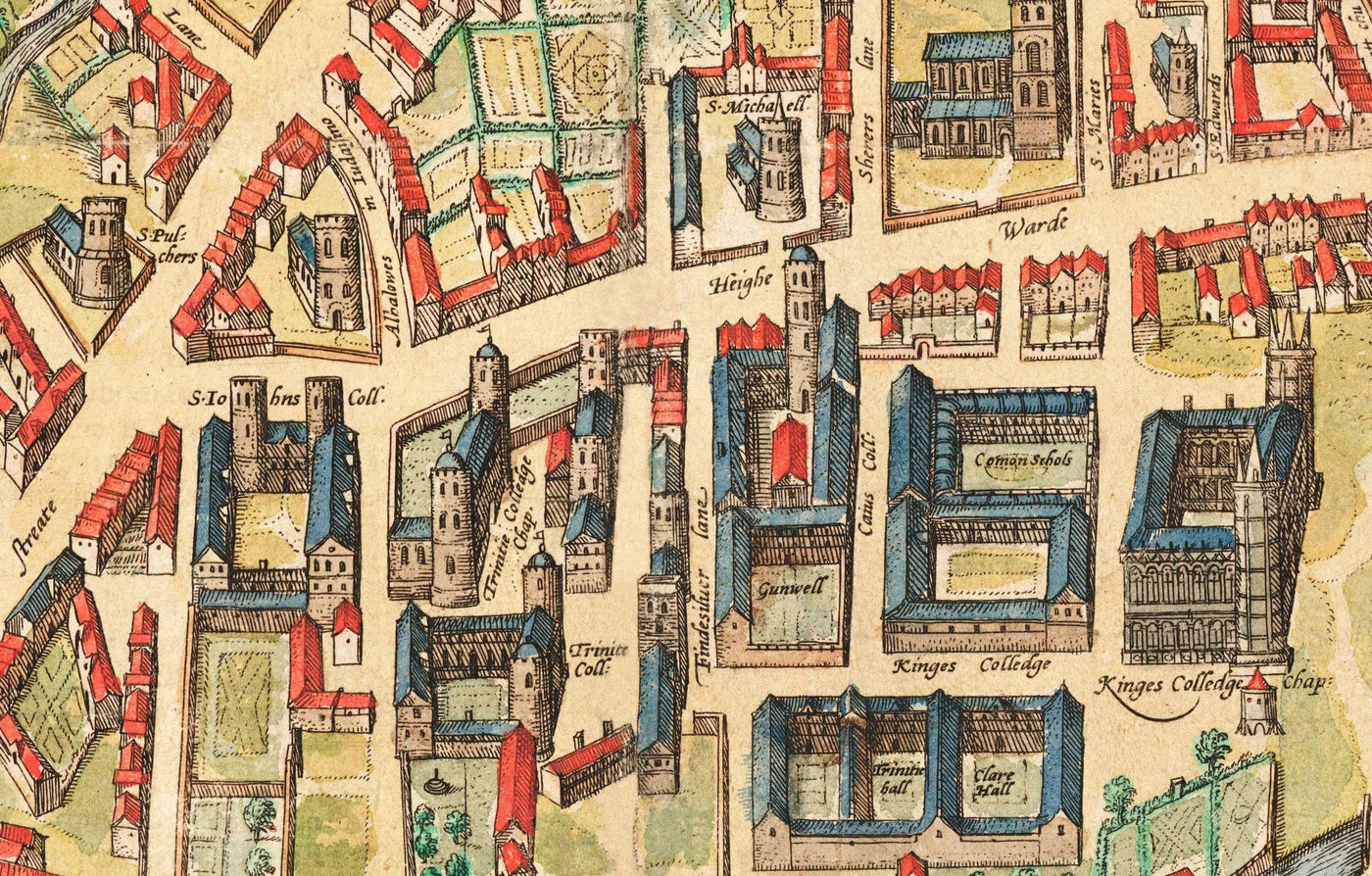Alte Farbkarte von Cambridge und den Universitätskollegs, 1575 von Georg Braun - Trinity, Kings, Queens, Clare, Peterhouse, Christ's, Caius 