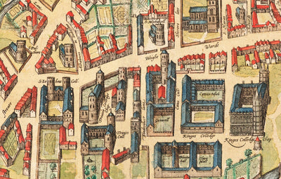 Alte Farbkarte von Cambridge und den Universitätskollegs, 1575 von Georg Braun - Trinity, Kings, Queens, Clare, Peterhouse, Christ's, Caius 