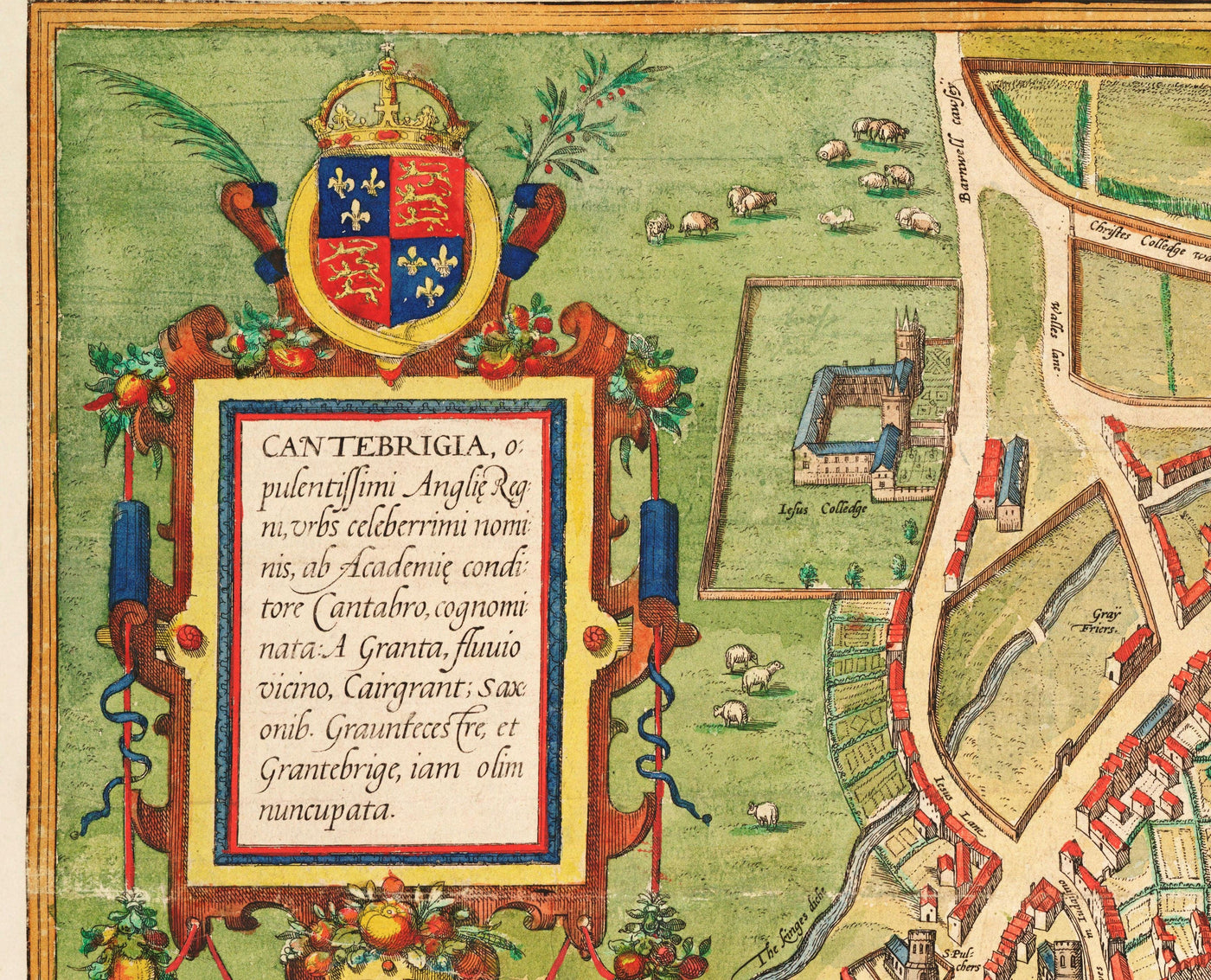 Alte Farbkarte von Cambridge und den Universitätskollegs, 1575 von Georg Braun - Trinity, Kings, Queens, Clare, Peterhouse, Christ's, Caius 