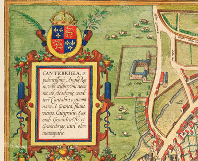 Alte Farbkarte von Cambridge und den Universitätskollegs, 1575 von Georg Braun - Trinity, Kings, Queens, Clare, Peterhouse, Christ's, Caius 