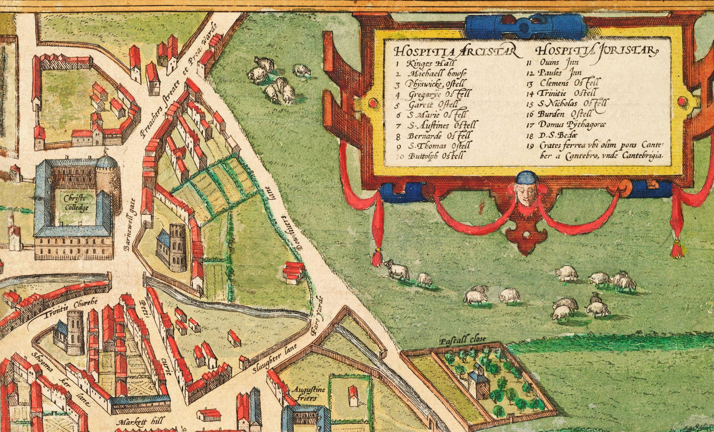 Alte Farbkarte von Cambridge und den Universitätskollegs, 1575 von Georg Braun - Trinity, Kings, Queens, Clare, Peterhouse, Christ's, Caius 