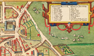 Alte Farbkarte von Cambridge und den Universitätskollegs, 1575 von Georg Braun - Trinity, Kings, Queens, Clare, Peterhouse, Christ's, Caius 