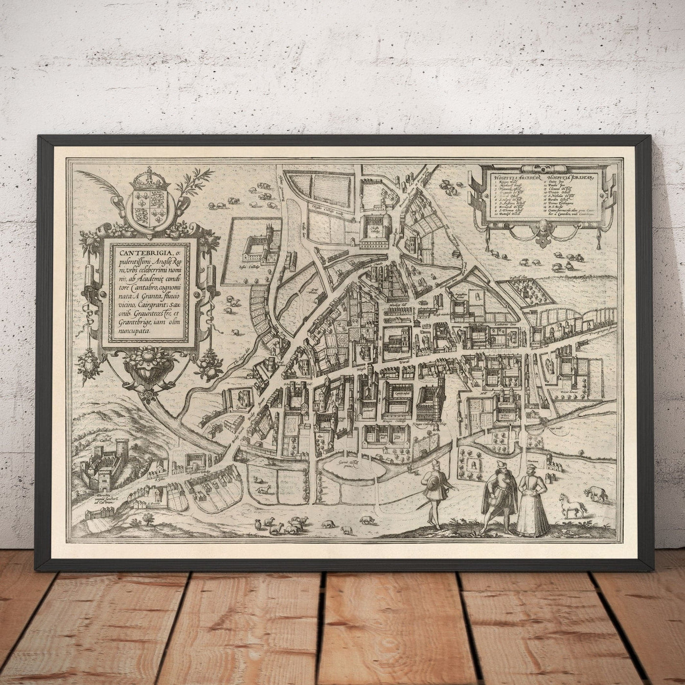 Alte Karte von Cambridge und den Universitätskollegs, 1575 von Georg Braun - Trinity, Kings, Queens, Clare 
