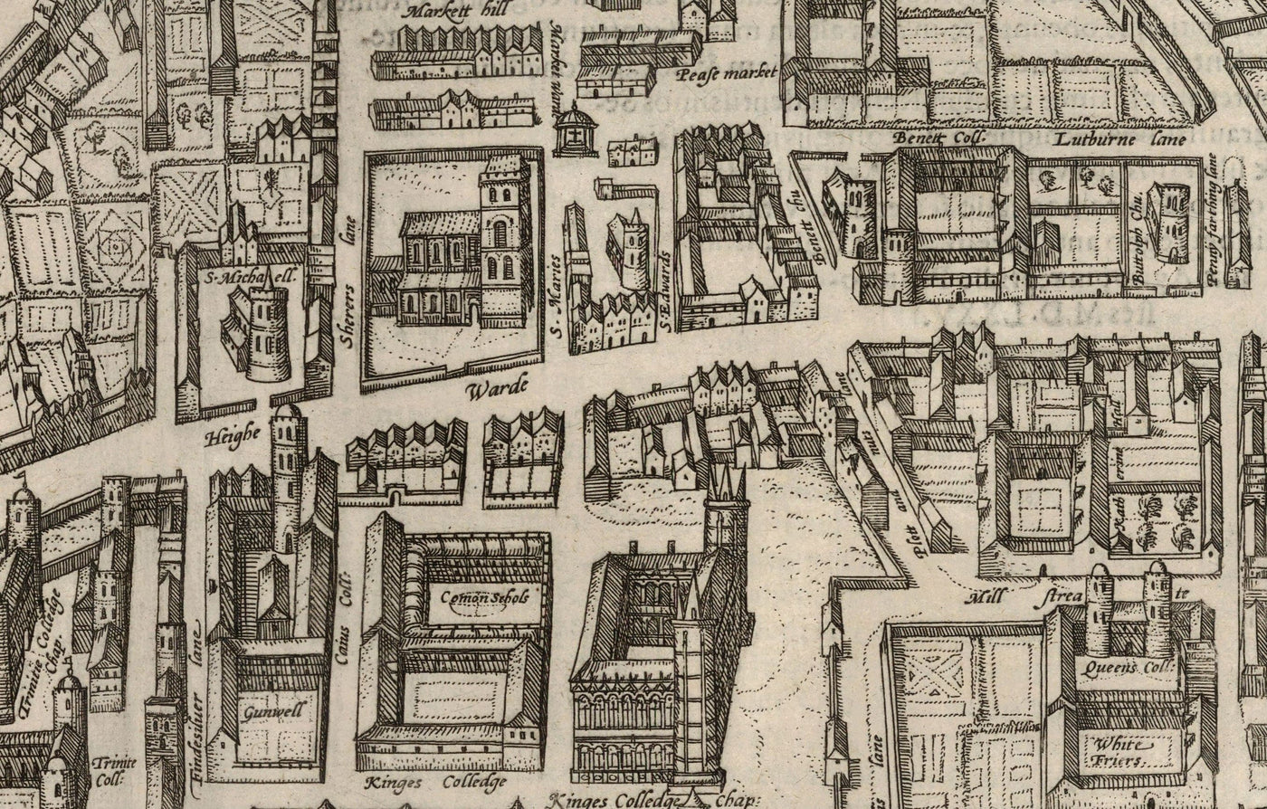 Alte Karte von Cambridge und den Universitätskollegs, 1575 von Georg Braun - Trinity, Kings, Queens, Clare 