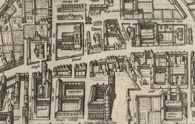 Alte Karte von Cambridge und den Universitätskollegs, 1575 von Georg Braun - Trinity, Kings, Queens, Clare 