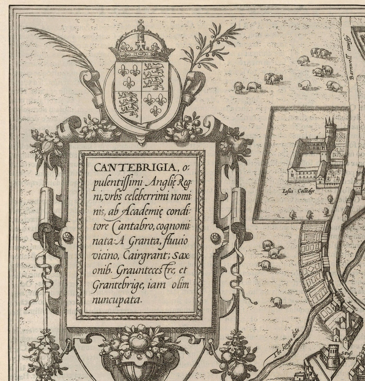 Alte Karte von Cambridge und den Universitätskollegs, 1575 von Georg Braun - Trinity, Kings, Queens, Clare 