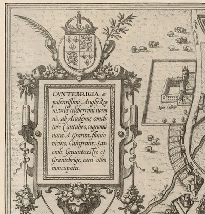 Alte Karte von Cambridge und den Universitätskollegs, 1575 von Georg Braun - Trinity, Kings, Queens, Clare 