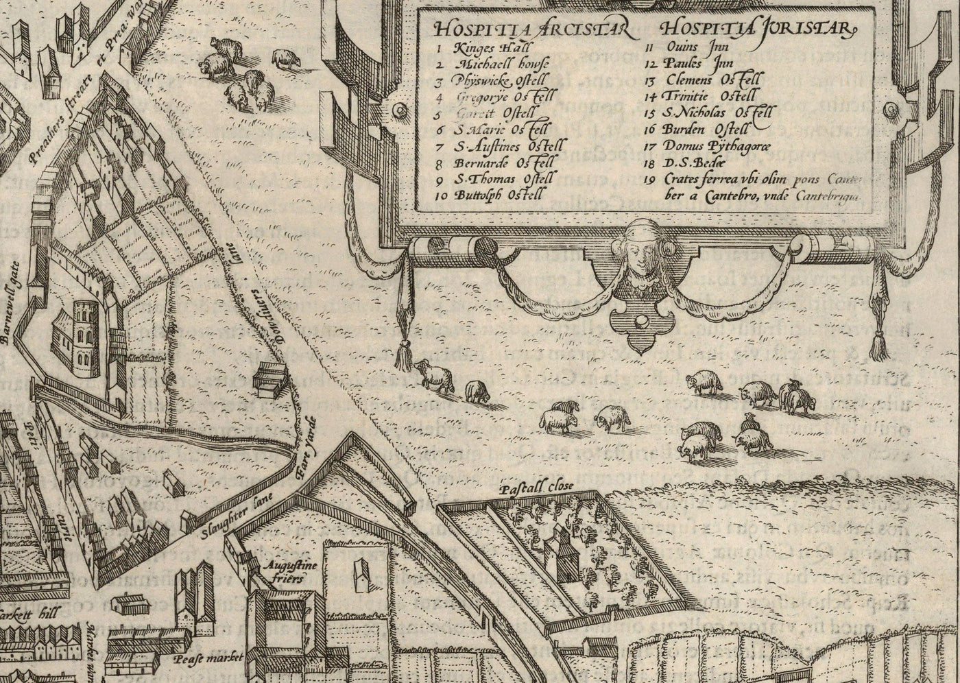 Alte Karte von Cambridge und den Universitätskollegs, 1575 von Georg Braun - Trinity, Kings, Queens, Clare 