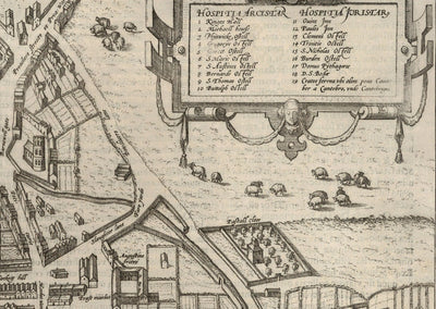Alte Karte von Cambridge und den Universitätskollegs, 1575 von Georg Braun - Trinity, Kings, Queens, Clare 