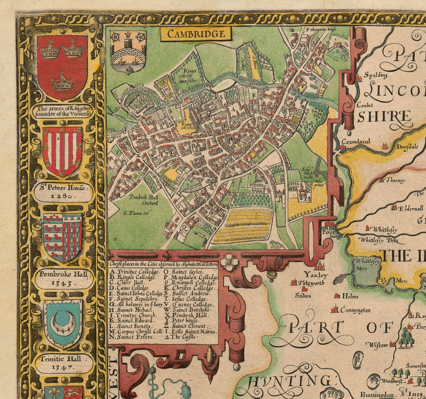 Old Map of Cambridgeshire, 1611 by John Speed - Cambridge, Peterborough, Wisbech, St Neots