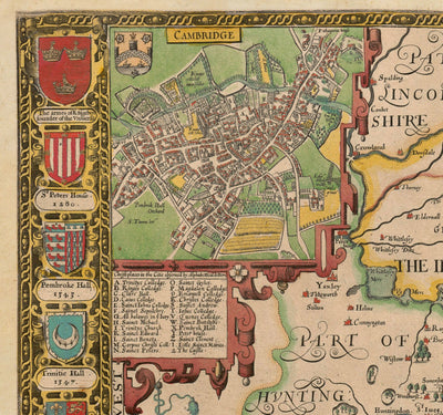 Old Map of Cambridgeshire, 1611 by John Speed - Cambridge, Peterborough, Wisbech, St Neots