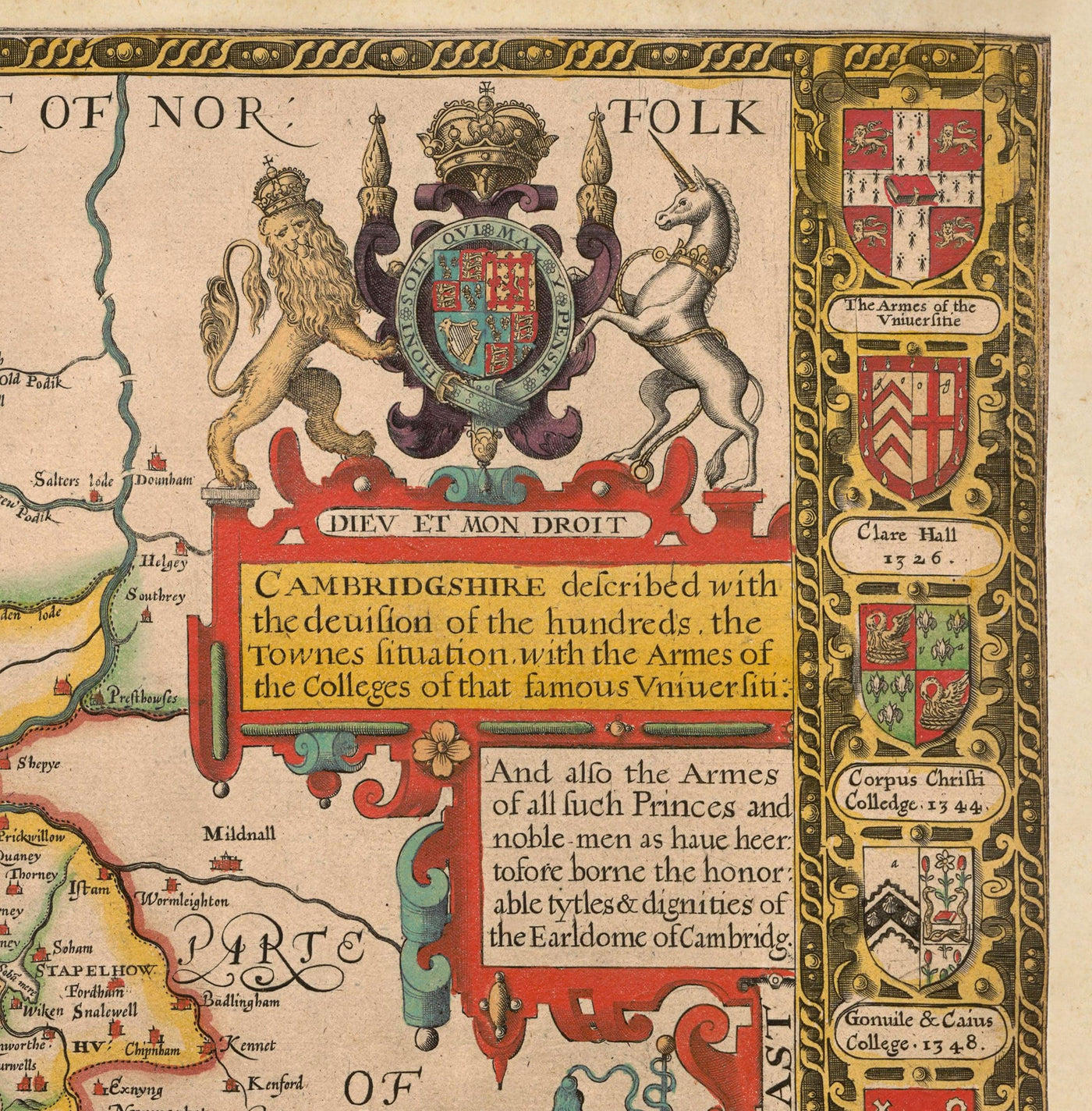 Old Map of Cambridgeshire, 1611 by John Speed - Cambridge, Peterborough, Wisbech, St Neots
