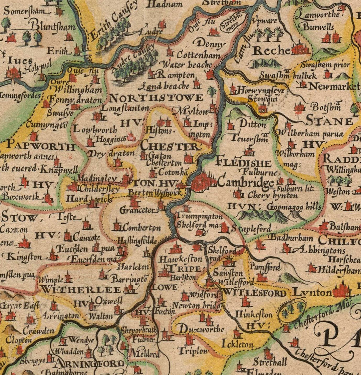 Old Map of Cambridgeshire, 1611 by John Speed - Cambridge, Peterborough, Wisbech, St Neots