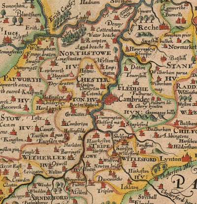 Old Map of Cambridgeshire, 1611 by John Speed - Cambridge, Peterborough, Wisbech, St Neots