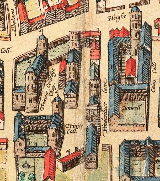 Cambridge Tote Bag with historic map of Cambridge (Cantebrigia) and its old colleges in 1575 by George Braun