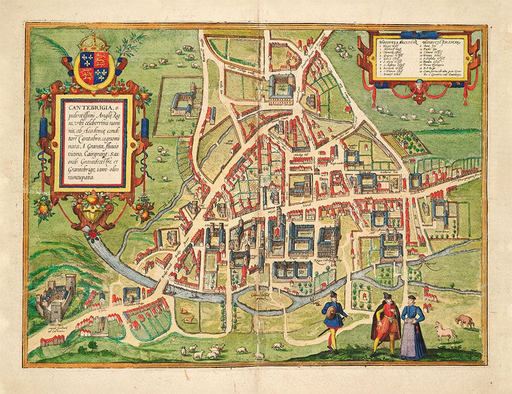 Cambridge Tote Bag with historic map of Cambridge (Cantebrigia) and its old colleges in 1575 by George Braun