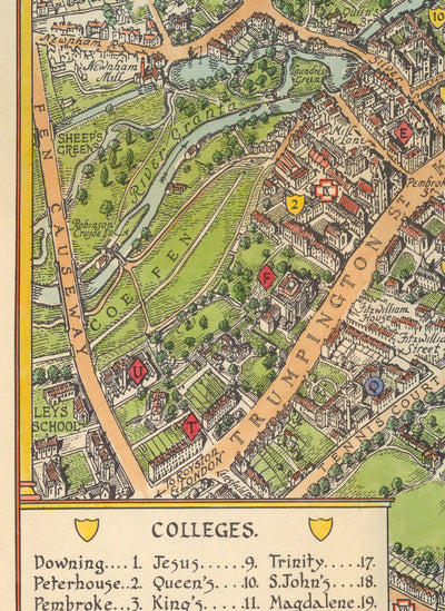 Alte Karte von Cambridge, 1929 - Trinity, St John's, King's, Peterhouse, Jesus - Universität und Colleges 