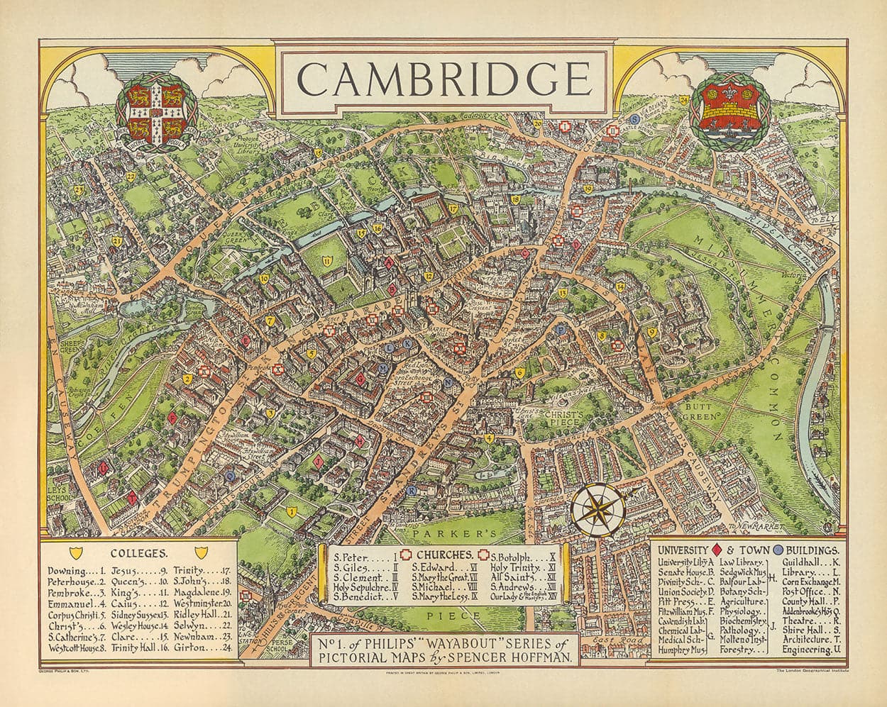 Alte Karte von Cambridge, 1929 - Trinity, St John's, King's, Peterhouse, Jesus - Universität und Colleges 
