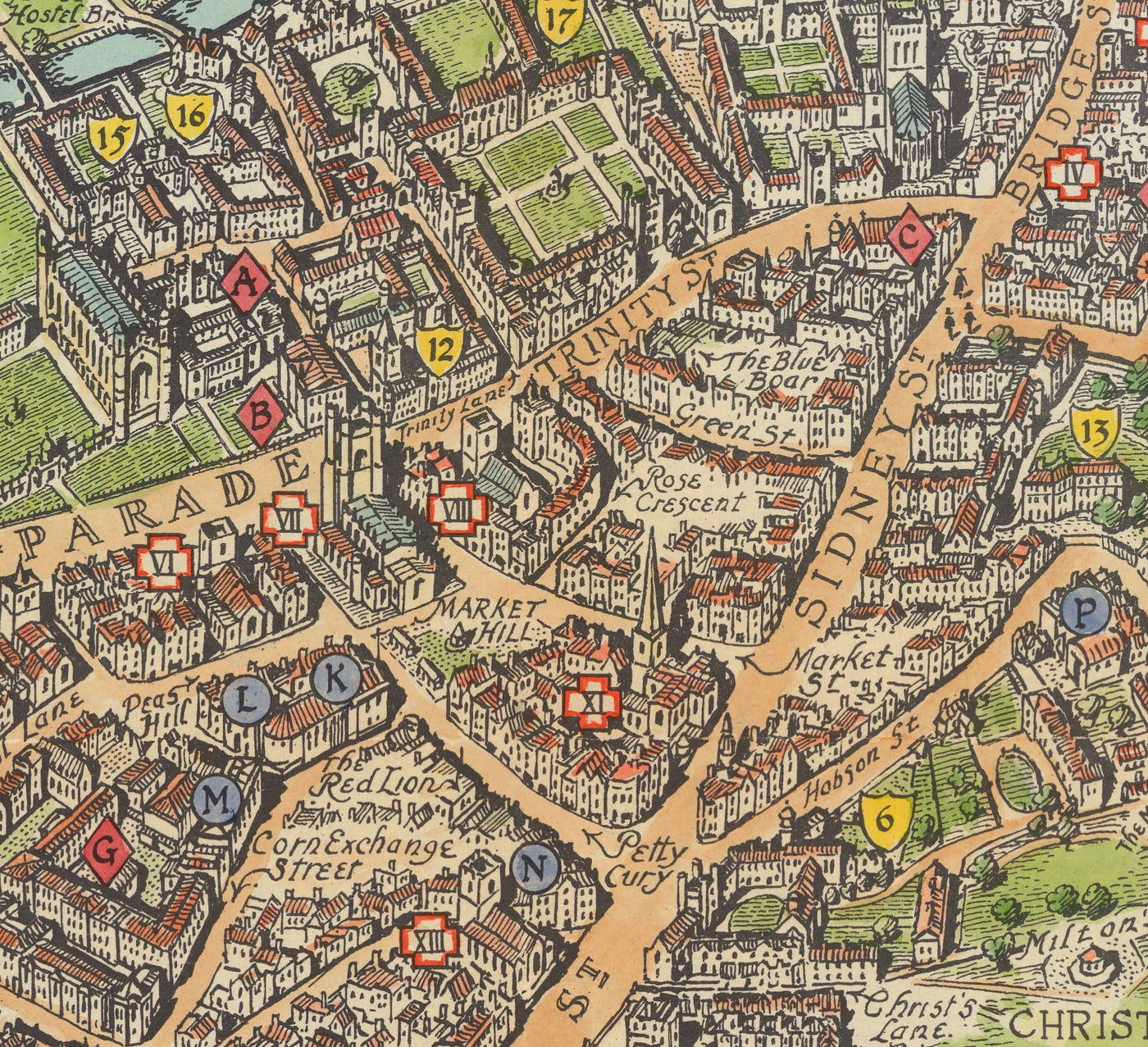 Alte Karte von Cambridge, 1929 - Trinity, St John's, King's, Peterhouse, Jesus - Universität und Colleges 