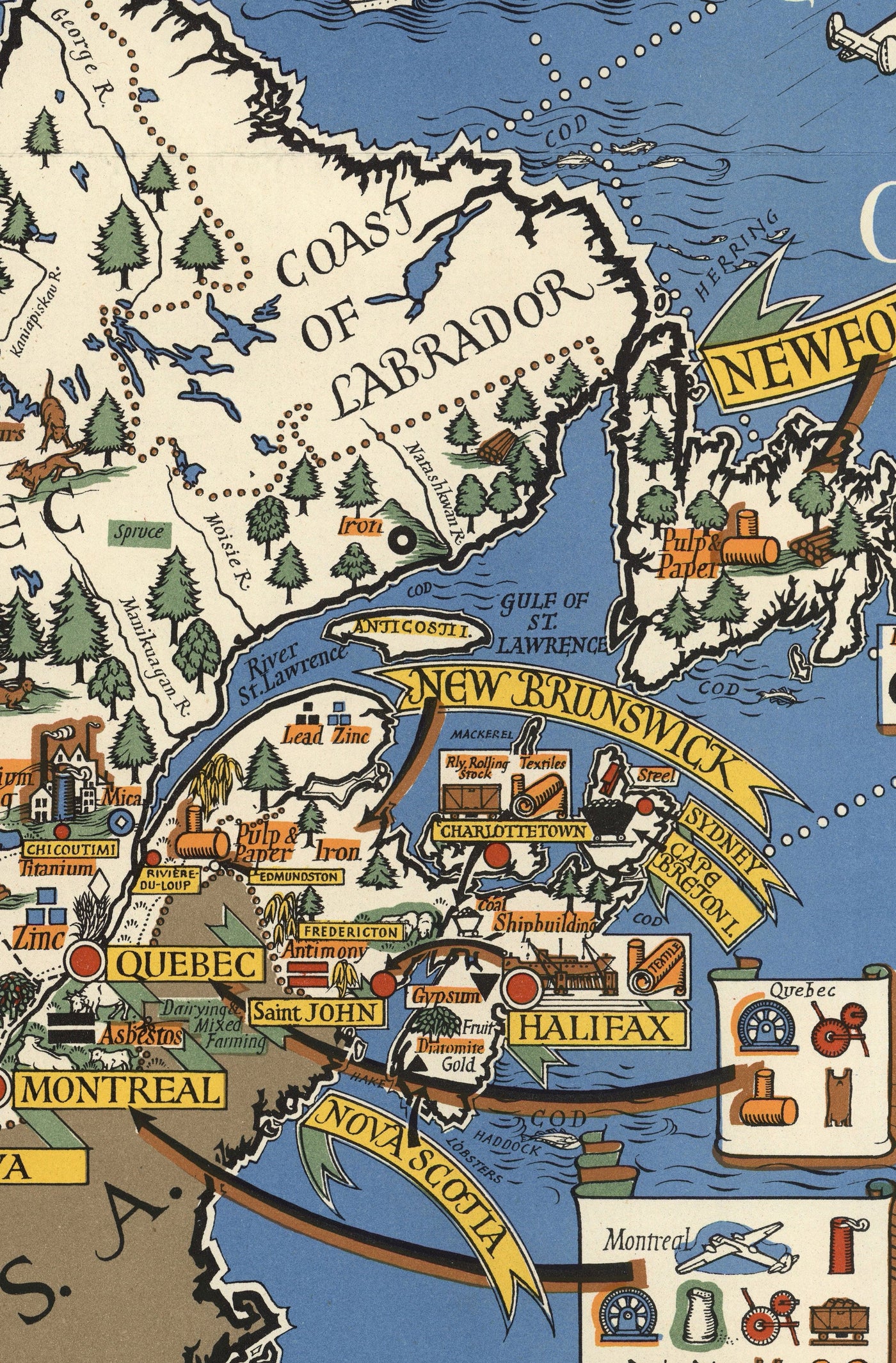 Mapa antiguo de Canadá, 1942 por Max Gill - Mapa de la Segunda Guerra Mundial de Recursos Naturales e Industriales