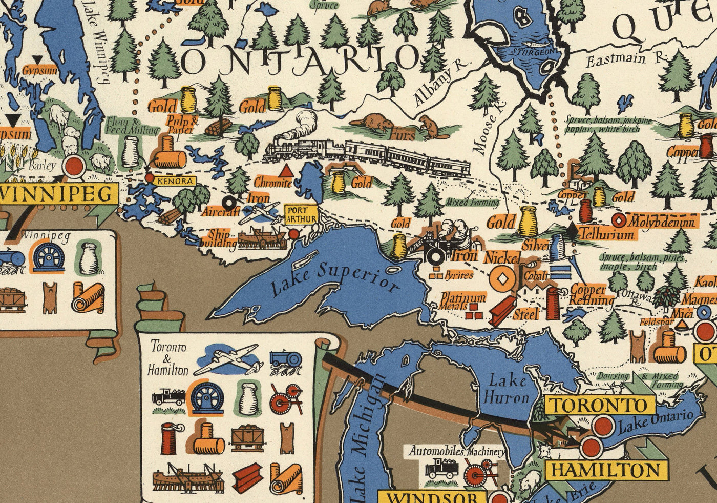 Mapa antiguo de Canadá, 1942 por Max Gill - Mapa de la Segunda Guerra Mundial de Recursos Naturales e Industriales