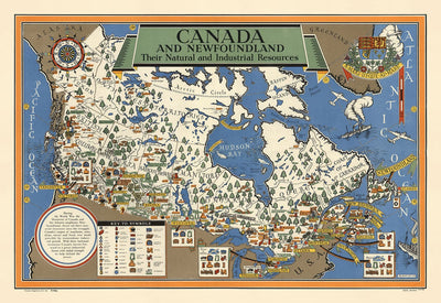 Mapa antiguo de Canadá, 1942 por Max Gill - Mapa de la Segunda Guerra Mundial de Recursos Naturales e Industriales