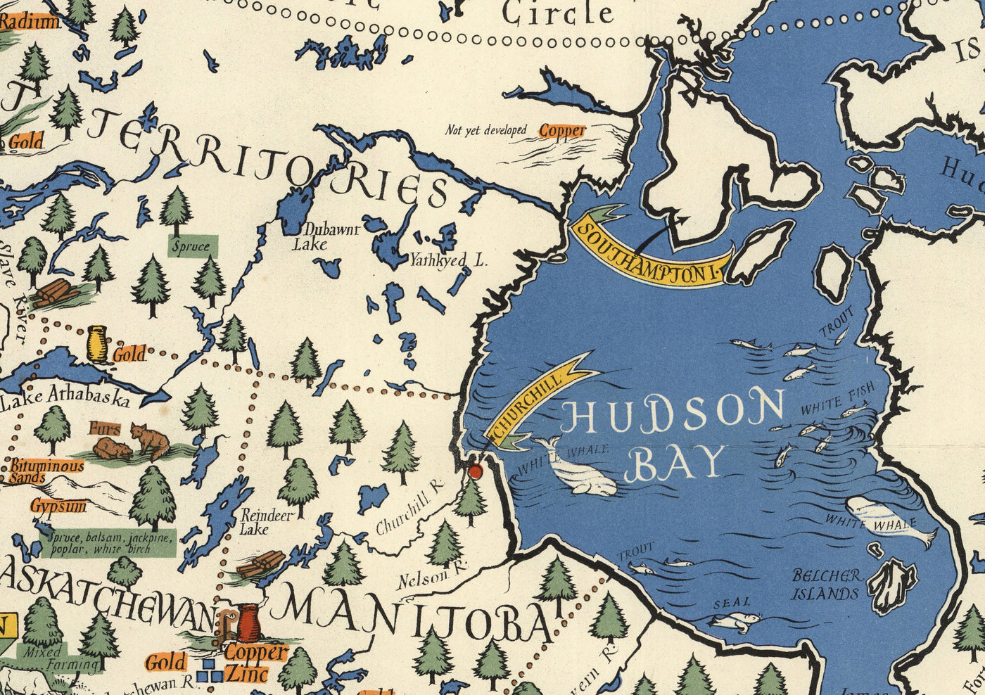 Mapa antiguo de Canadá, 1942 por Max Gill - Mapa de la Segunda Guerra Mundial de Recursos Naturales e Industriales