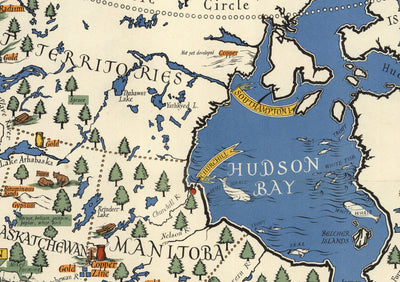 Mapa antiguo de Canadá, 1942 por Max Gill - Mapa de la Segunda Guerra Mundial de Recursos Naturales e Industriales