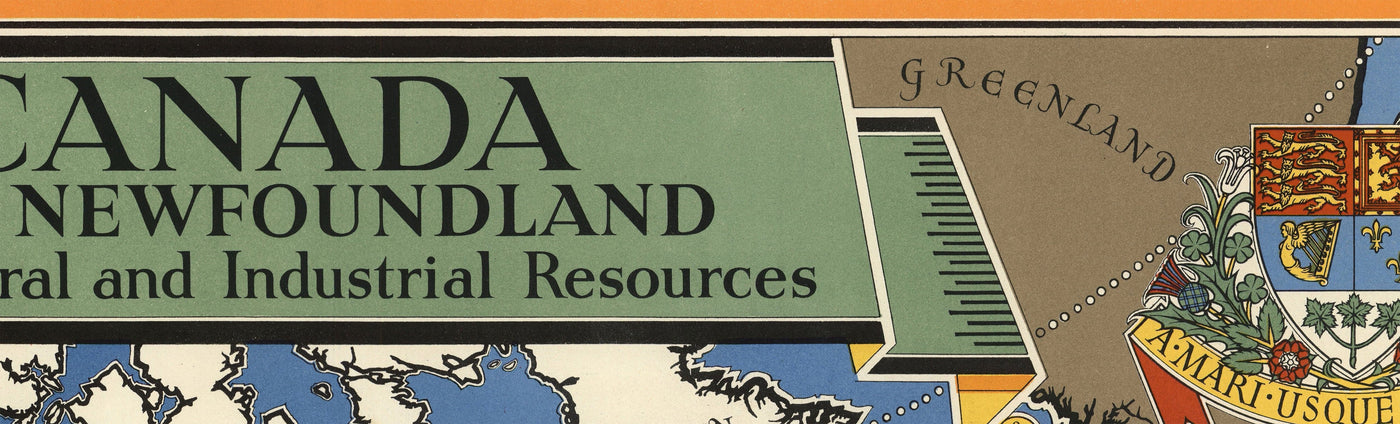 Mapa antiguo de Canadá, 1942 por Max Gill - Mapa de la Segunda Guerra Mundial de Recursos Naturales e Industriales